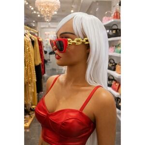 Sunglasses Women Red Fashion Cat Eye Sunglasses with luxury Chain handles.